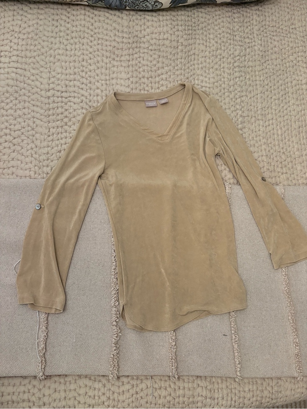 White House Black Market Beige Velvet V-Neck Long Sleeve Top